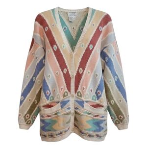 VTG Catharine Lover Hand Knit Cardigan Sweater Sz L Colorful Cotton Blend Fall